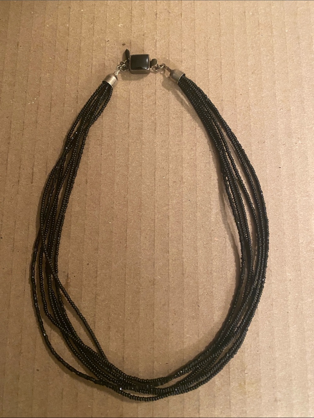 Sterling 925 With Onyx Stone And Six Strands of Glass Seed Beads 19” Necklace